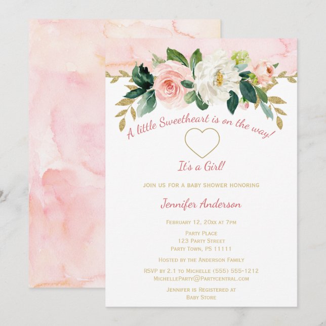 Little Sweetheart Valentine Pink Gold Baby Shower Invitation (Front/Back)