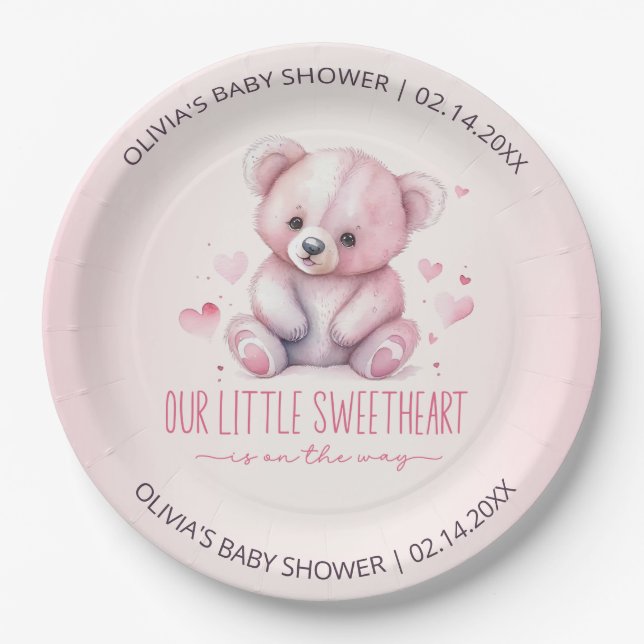 Little Sweetheart Watercolor Bear Baby Shower Paper Plate (Front)