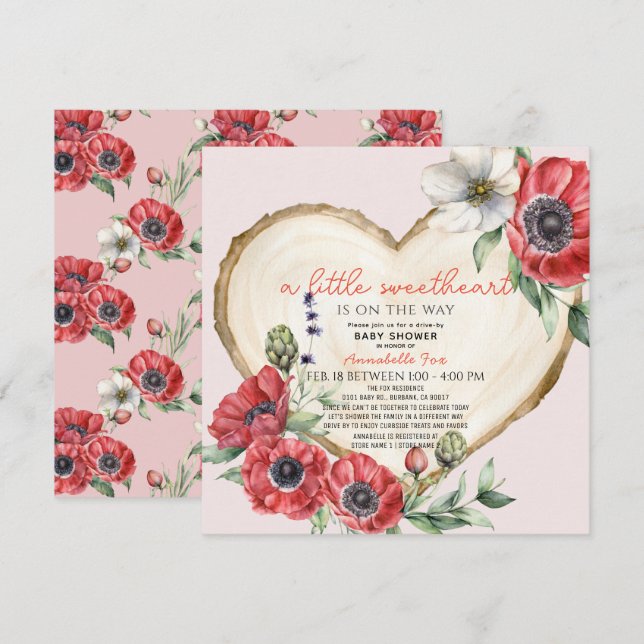 Little Sweetheart Wood Slice Drive-by Baby Shower  Invitation (Front/Back)