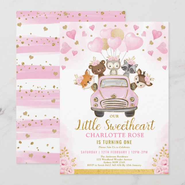 Little Sweetheart Woodland Animals Girl Birthday Invitation (Front/Back)