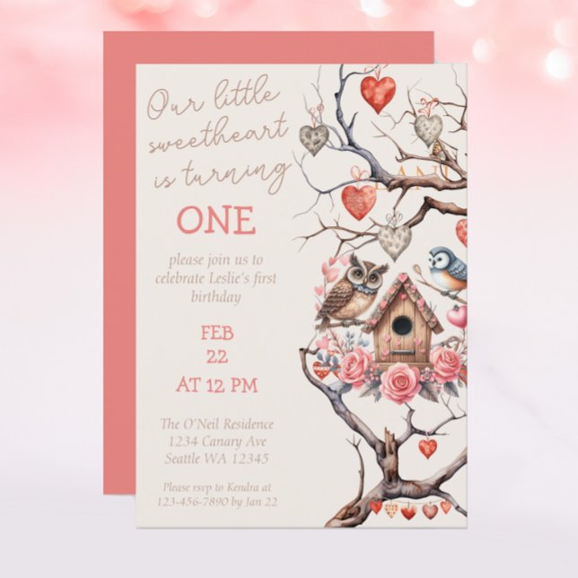 Little Sweetheart Woodland Bird First Birthday  Invitation (Creator Uploaded)