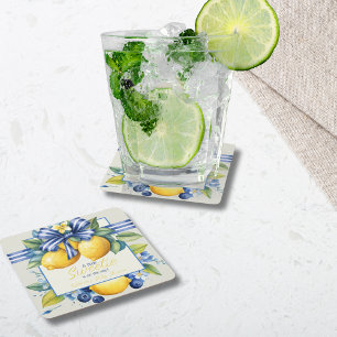 Little Sweetie Blue Bow Tile Lemon Baby Shower Square Paper Coaster