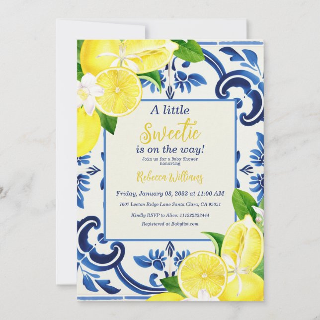 Little Sweetie Blue Tile Lemon Citrus Baby Shower Invitation (Front)