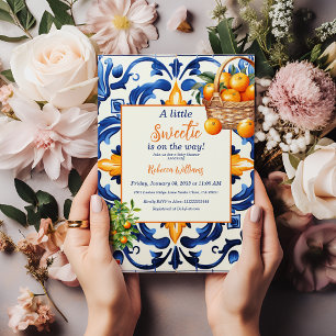 Little Sweetie Blue Tile Orange Citrus Baby Shower Invitation
