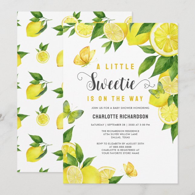 Little Sweetie Lemon Citrus Butterfly Baby Shower Invitation (Front/Back)