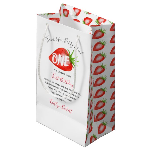 Little Sweetie Strawberry 1st Birthday Thank You Small Gift Bag (Front Angled)