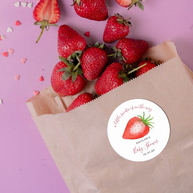Little Sweetie Strawberry Baby Shower Classic Round Sticker (Creator Uploaded)