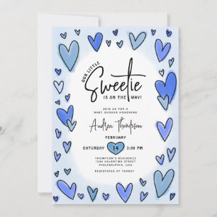 Little Sweetie Valentine Hearts Blue Baby Shower Invitation