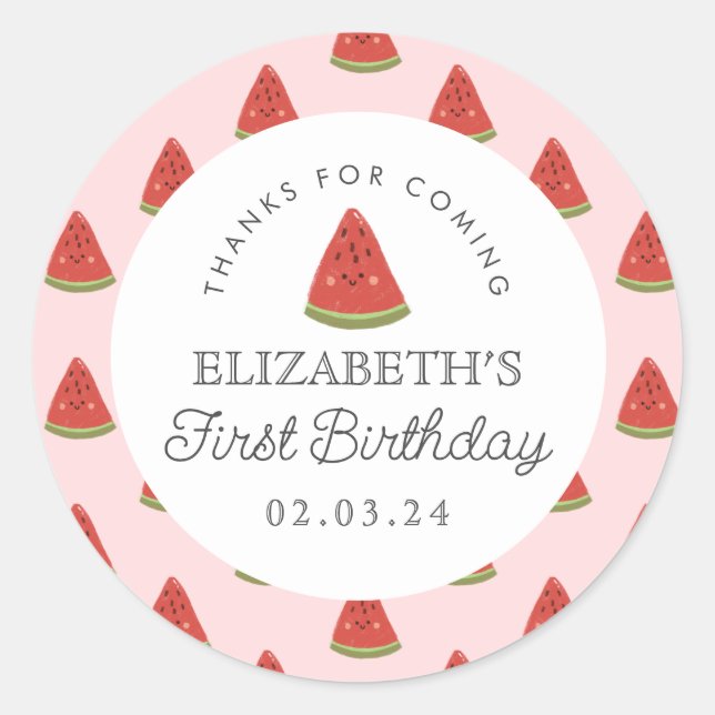 Little sweetie Watermelon  First Birthday Classic Round Sticker (Front)