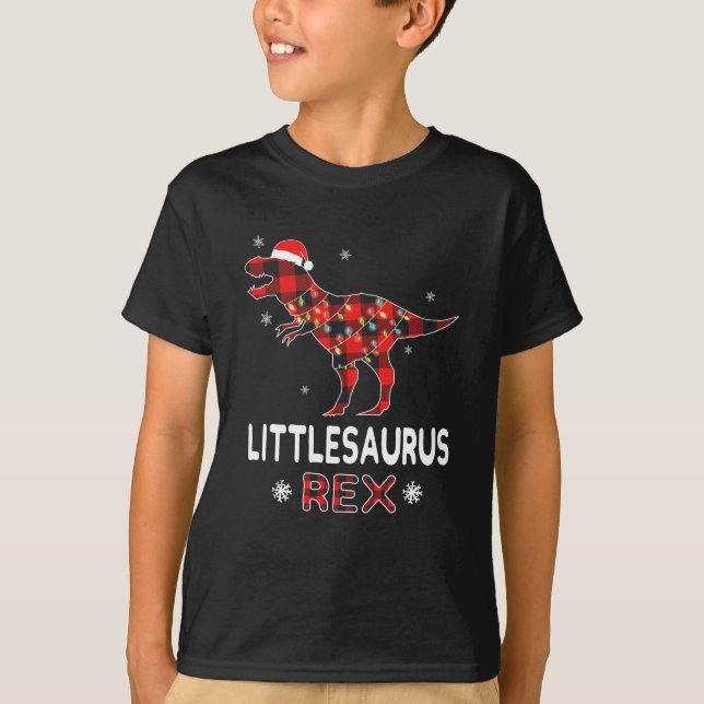 Little T-Rex Red Plaid Buffalo Christmas Dinosaur T-Shirt (Front)