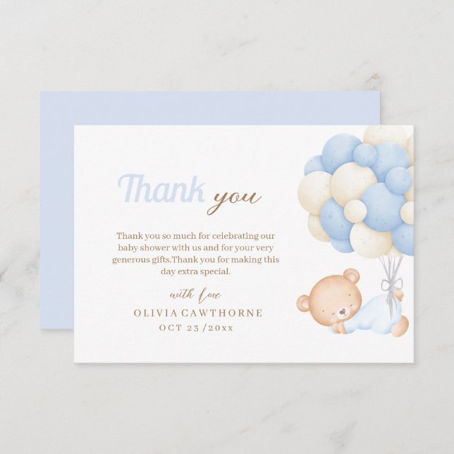 Little Teddy Baby Shower  Thank You Card (Front/Back)