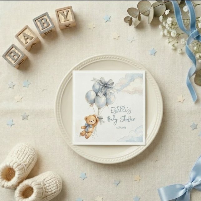 Little Teddy Bear Blue Balloons Clouds Baby Boy Napkin (Creator Uploaded)