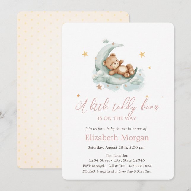 Little Teddy Bear Moon Stars Baby Shower Invitation (Front/Back)
