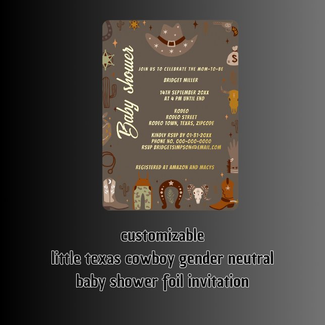 little texas cowboy gender neutral baby shower (little texas cowboy gender neutral baby shower foil invitation)