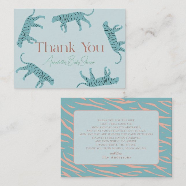 Little Tiger Blue Boy Baby Shower Thank You Card (Front/Back)