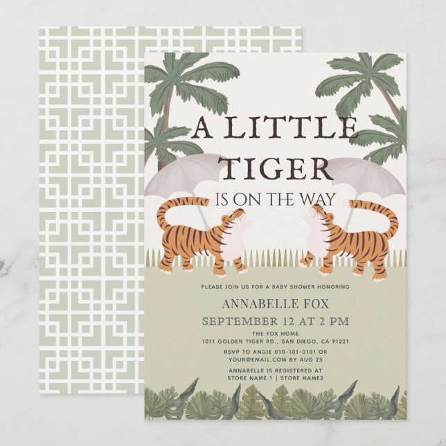 Little Tiger chinoiserie Chic Green Baby Shower Invitation (Front/Back)
