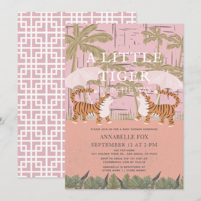 Little Tiger chinoiserie Chic Pink Baby Shower Invitation (Front/Back)