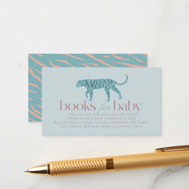 Little Tiger Modern Blue Baby Shower Book Request Enclosure Card (Front/Back In Situ)
