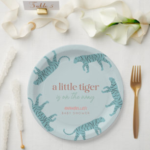 Little Tiger Modern Blue Boy Baby Shower  Paper Plate
