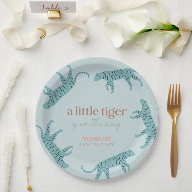 Little Tiger Modern Blue Boy Baby Shower  Paper Plate (Wedding)
