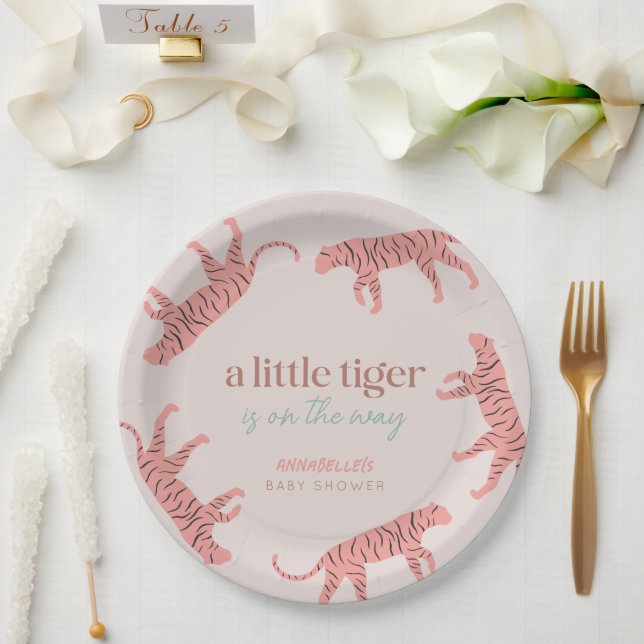 Little Tiger Modern Pink Girl Baby Shower  Paper Plate (Wedding)