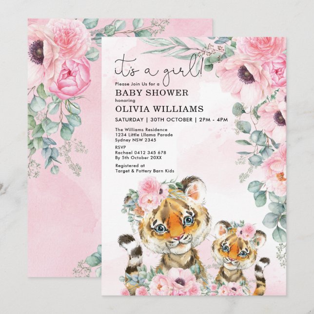 Little Tiger Pink Floral Greenery Girl Baby Shower Invitation (Front/Back)