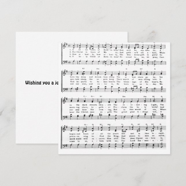 Little Town Bethlehem Sheet Music Christmas Holiday Card (Front/Back)