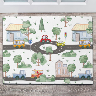Little Town & Cars Colourful Pattern Doormat