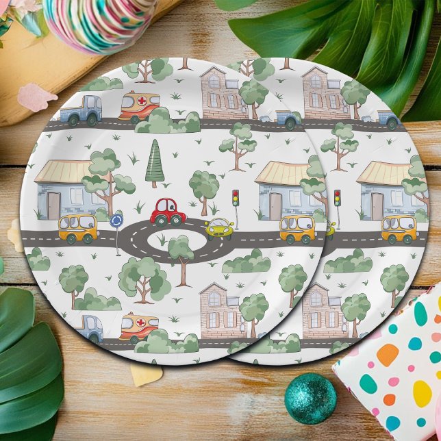 Little Town & Cars Colourful Pattern Paper Plate (Creator Uploaded)