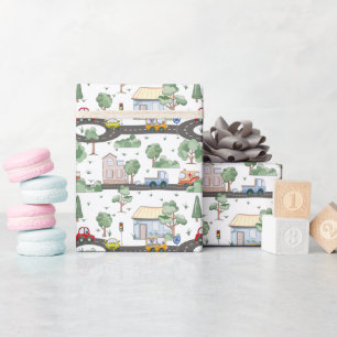 Little Town & Cars Colourful Pattern Wrapping Paper