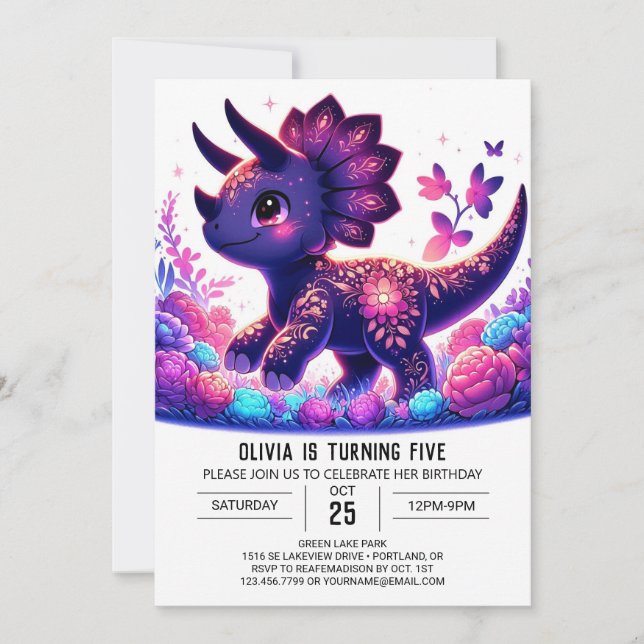Little Triceratops Dinosaur Digital Birthday Invitation (Front)
