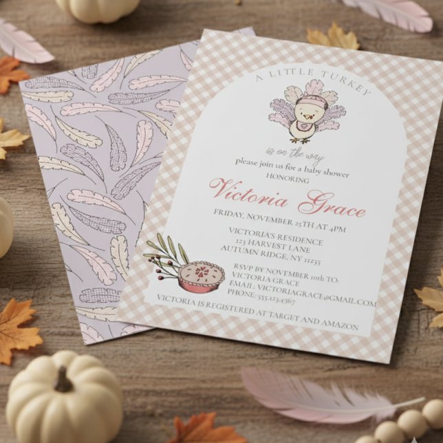 Little Turkey Autumn Girl Baby Shower Invitation (Cute Autumn Little Turkey Thanksgiving & November Baby Shower Invitations for Mother to Be for Fall)