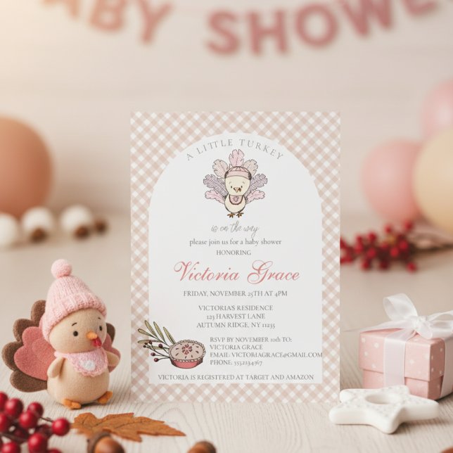 Little Turkey Autumn Girl Baby Shower Invitation (Cute Autumn Little Turkey Thanksgiving & November Baby Shower Invitations for Mother to Be for Fall)