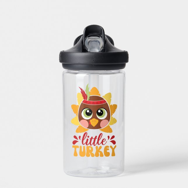 Little Turkey Boy Kids Thanksgiving Water Bottle (Front)