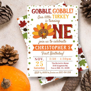 Little Turkey Fall Thanksgiving 1st Birthday Invitation