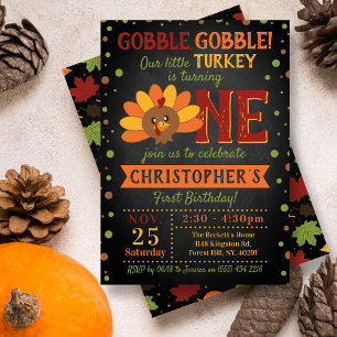 Little Turkey Fall Thanksgiving 1st Birthday Invitation