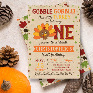 Little Turkey Fall Thanksgiving 1st Birthday Invitation