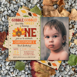 Little Turkey Fall Thanksgiving 1st Birthday Photo Invitation