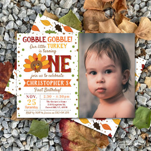 Little Turkey Fall Thanksgiving 1st Birthday Photo Invitation