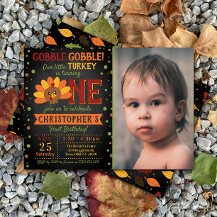 Little Turkey Fall Thanksgiving 1st Birthday Photo Invitation