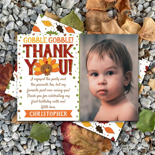 Little Turkey Fall Thanksgiving 1st Birthday Photo Thank You Card (Creator Uploaded)