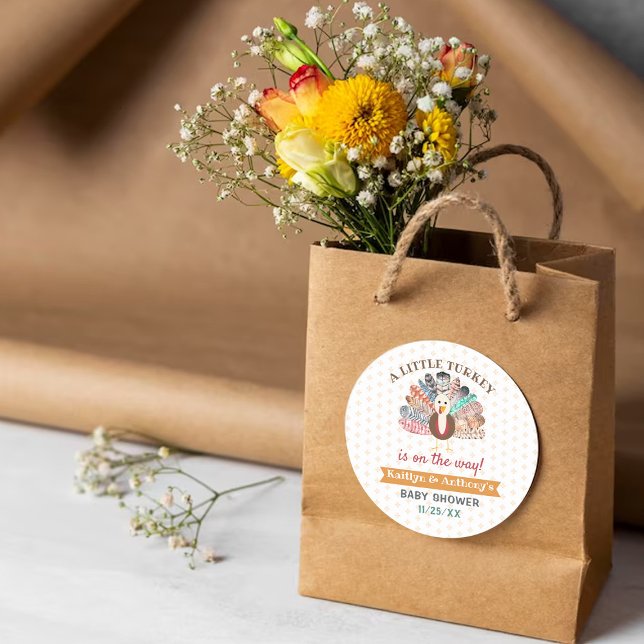 Little Turkey On The Way! Thanksgiving Baby Shower Classic Round Sticker (Creator Uploaded)