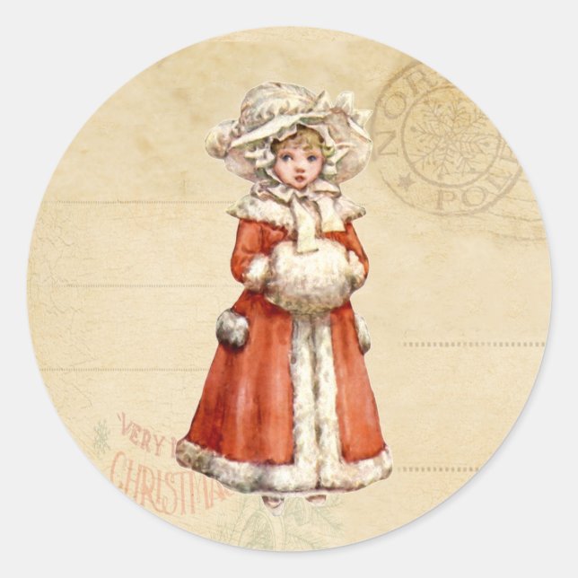 Little Victorian Caroler Custom Christmas Classic Round Sticker (Front)