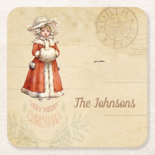 Little Victorian Caroler Custom Christmas Square Paper Coaster