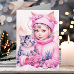 Little Vintage Girl and Sweet Kitten Christmas Card<br><div class="desc">Pretty watercolor Christmas holiday card. Adorable little vintage girl in winter cap with cat ears holding a little grey striped kitten.</div>