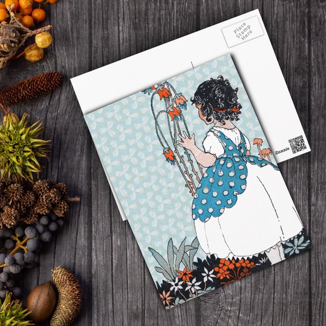 Little Vintage Girl Black Curls in Flowers Postcard (Vintage little gird standing in flowers wearing pinafore on patterned post card.)