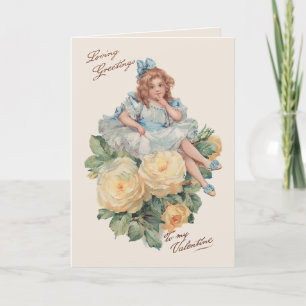 Little Vintage Girl, Roses & Valentine Greetings Holiday Card