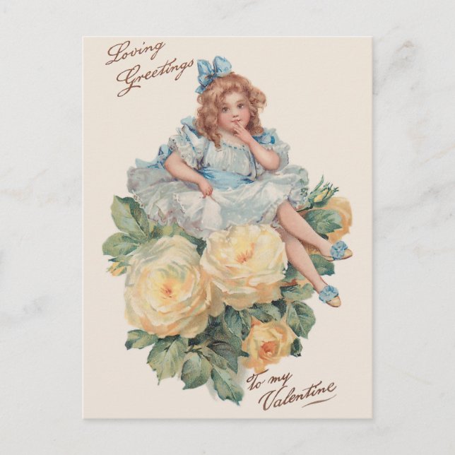 Little Vintage Girl, Roses & Valentine Greetings Holiday Postcard (Front)