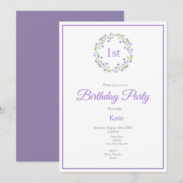 Little Violet Watercolor Blossoms Wreath Invitation (Front/Back)
