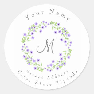 'Little Violet Watercolor Blossoms Wreath' Label